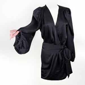 NWT Black Mini Wrap Dress Forum Size S Womens Balloon Sleeve Bachelorette Silky